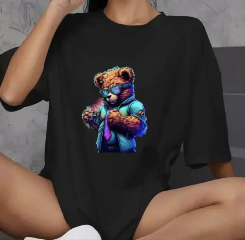 Unisex Bisiklet Yaka Baskılı Oversize T-Shirt - Siyah - BÜYÜKBEDENIZ