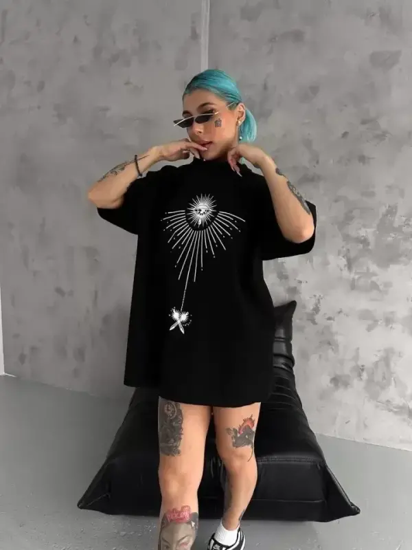 Unisex Bisiklet Yaka Baskılı Oversize T-Shirt - Siyah - 2