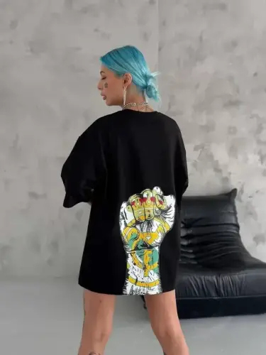 Unisex Bisiklet Yaka Baskılı Oversize T-Shirt - Siyah - BÜYÜKBEDENIZ (1)