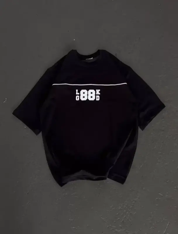 Unisex Bisiklet Yaka Baskılı Oversize T-Shirt - Siyah - BÜYÜKBEDENIZ