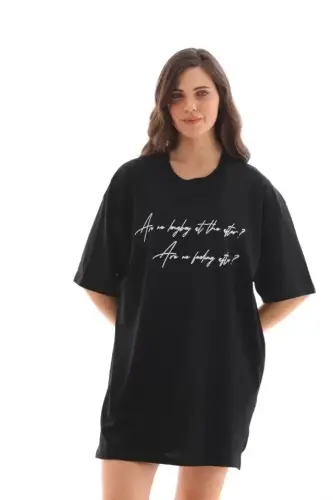 Unisex Bisiklet Yaka Baskılı Oversize T-Shirt - Siyah - BÜYÜKBEDENIZ (1)