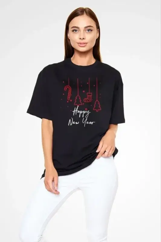 Unisex Bisiklet Yaka Baskılı Oversize T-Shirt - Siyah - BÜYÜKBEDENIZ