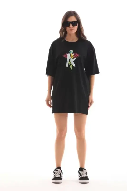Unisex Bisiklet Yaka Baskılı Oversize T-Shirt - Siyah - BÜYÜKBEDENIZ