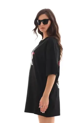 Unisex Bisiklet Yaka Baskılı Oversize T-Shirt - Siyah - BÜYÜKBEDENIZ (1)