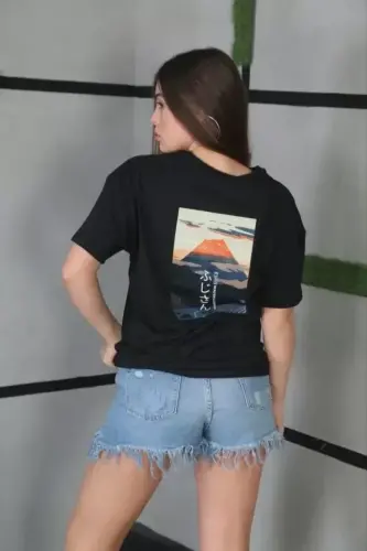 Unisex Bisiklet Yaka Baskılı Oversize T-Shirt - Siyah - BÜYÜKBEDENIZ (1)