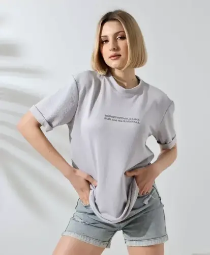 Unisex Bisiklet Yaka Baskılı Slim Fit T-Shirt - Boyalı Gri - BÜYÜKBEDENIZ (1)