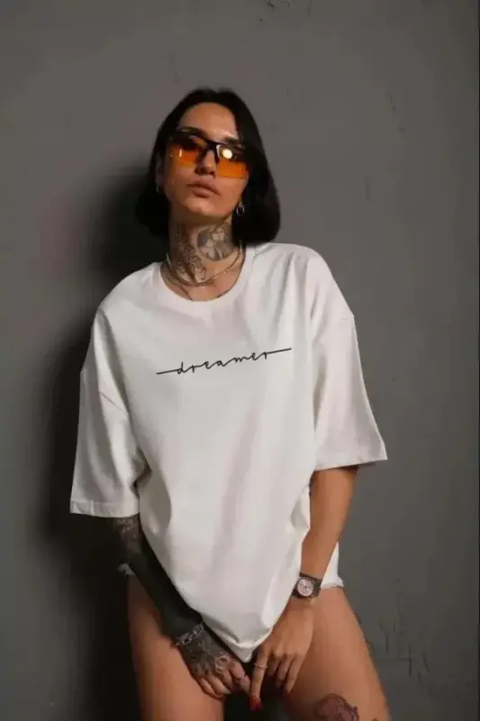 Unisex Bisiklet Yaka Baskılı T-Shirt - Beyaz - BÜYÜKBEDENIZ