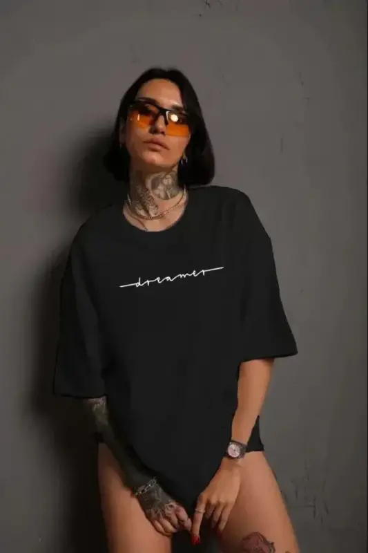 Unisex Bisiklet Yaka Baskılı T-Shirt - Siyah - BÜYÜKBEDENIZ