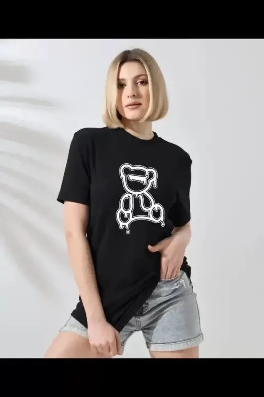 Unisex Bisiklet Yaka Baskılı T-Shirt - Siyah - BÜYÜKBEDENIZ
