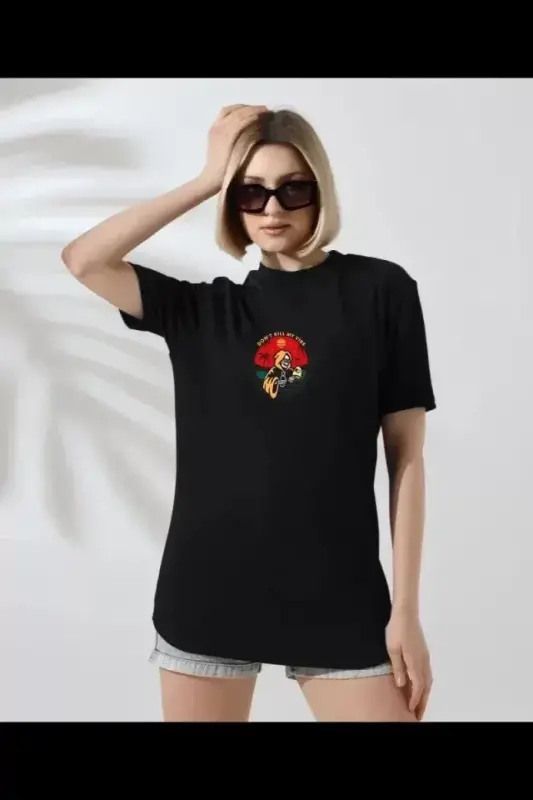 Unisex Bisiklet Yaka Baskılı T-Shirt - Siyah - BÜYÜKBEDENIZ