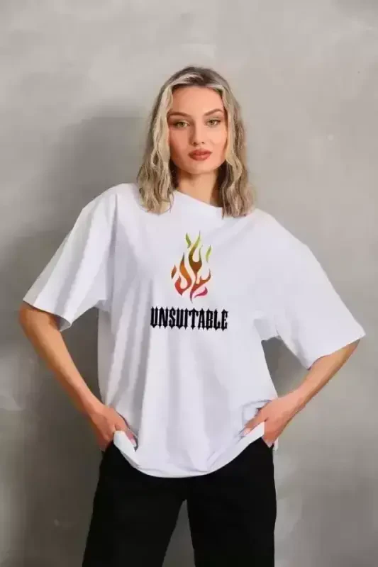 Unisex Bisiklet Yoqali Bosma Oversize Futbolka - Oq - 1