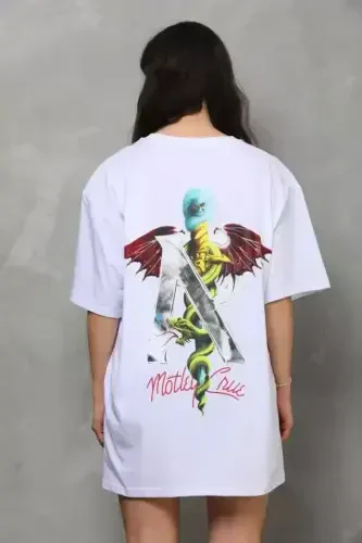 Unisex Bisiklet Yoqali Bosma Oversize Futbolka - Oq - 3