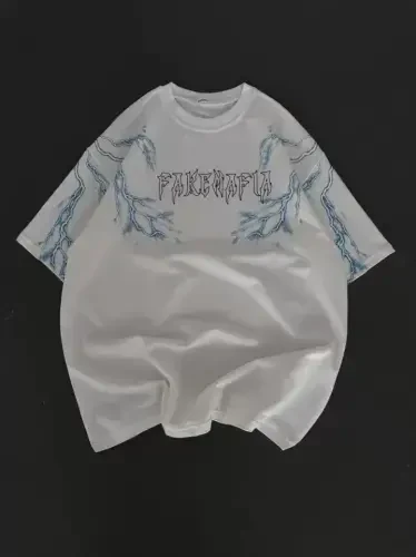 Unisex Bisiklet Yoqali Bosma Oversize Futbolka - Oq - 4