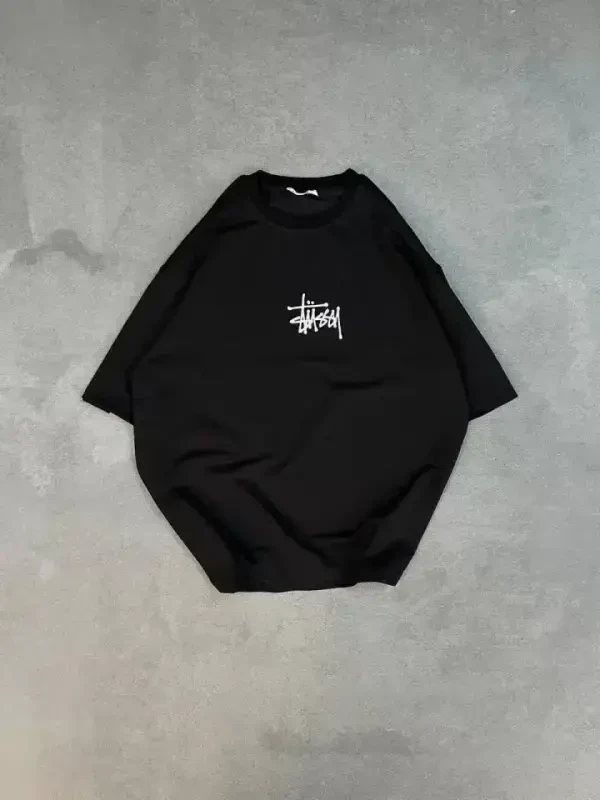 Unisex Bisiklet Yoqali Bosma Oversize Futbolka - Qora - BÜYÜKBEDENIZ