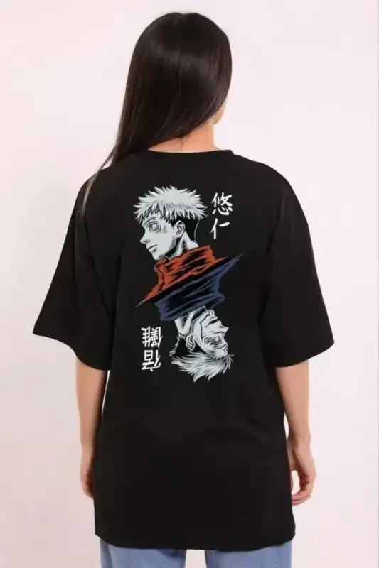 Unisex Bisiklet Yoqali Bosma Oversize Futbolka - Qora - 2