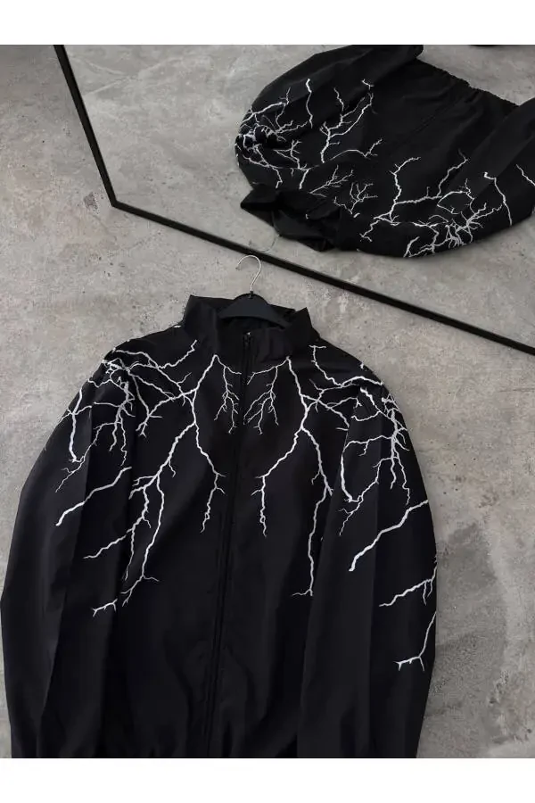 Unisex Black and White Lightning Print Full Zip Raincoat & Windbreaker - 1
