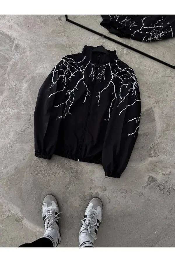 Unisex Black and White Lightning Print Full Zip Raincoat & Windbreaker - 2