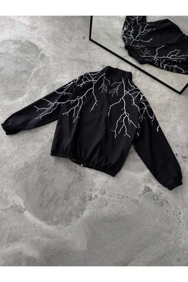 Unisex Black and White Lightning Print Full Zip Raincoat & Windbreaker - 3