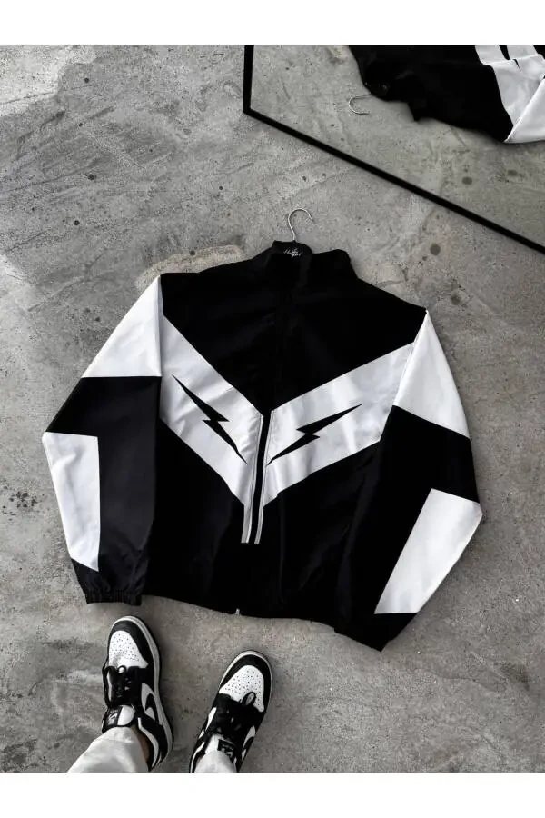 Unisex Black and White Two-Tone Lightning Digital Printed Full Zip Raincoat & Windbreaker - 1