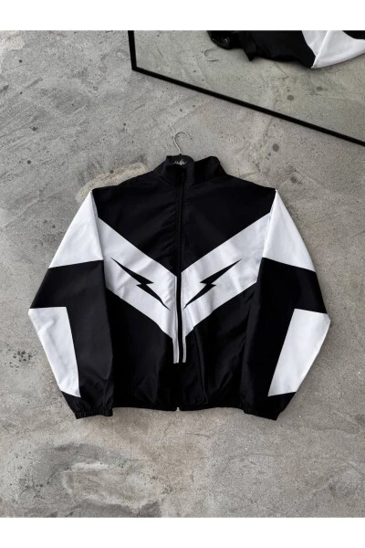 Unisex Black and White Two-Tone Lightning Digital Printed Full Zip Raincoat & Windbreaker - RICHARLISON (1)