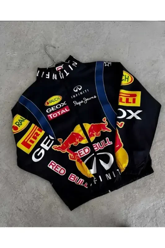 Unisex Black Digital Design Printed Zippered Raincoat & Windbreaker Thin Jacket-redbull black - LUSHEN