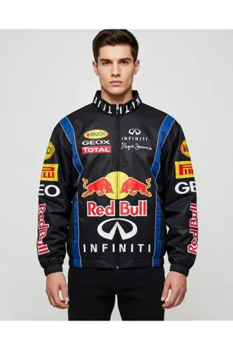 Unisex Black Digital Design Printed Zippered Raincoat & Windbreaker Thin Jacket-redbull black - 1