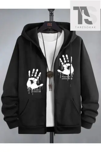 Unisex Black Hooded Hand-Printed Zippered - Black Hand 
