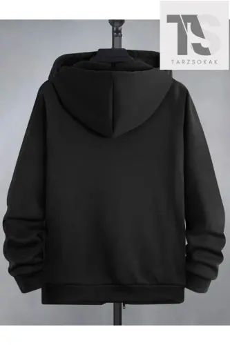 Unisex Black Hooded Hand-Printed Zippered - Black Hand - 2