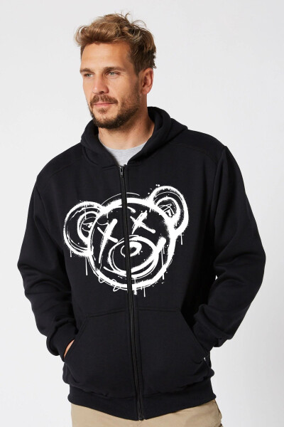 Unisex Black Hoodie Zippered Hooded Jacket Bear Drawing Design Printed Hoodie - 1