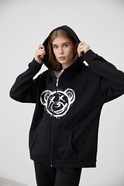 Unisex Black Hoodie Zippered Hooded Jacket Bear Drawing Design Printed Hoodie - 2