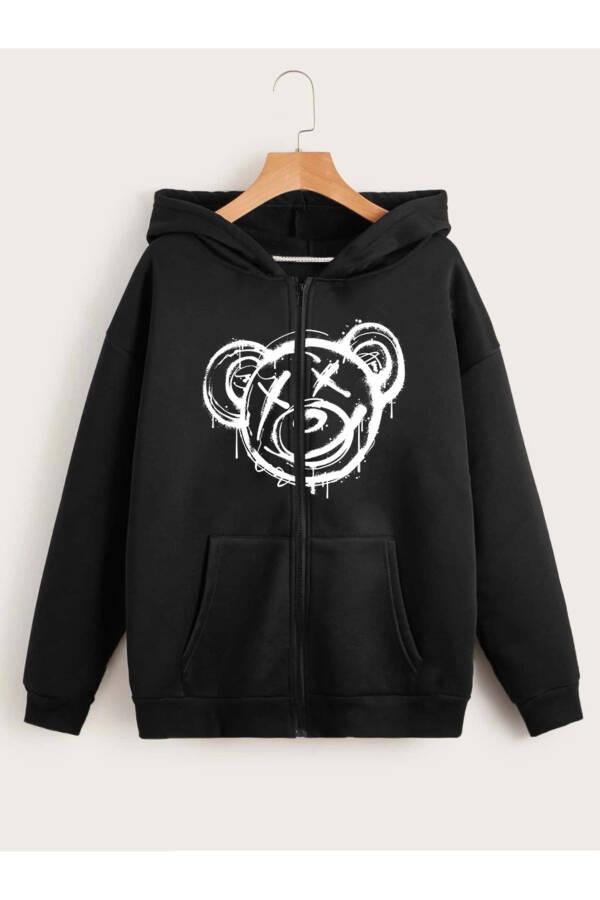 Unisex Black Hoodie Zippered Hooded Jacket Bear Drawing Design Printed Hoodie - 3