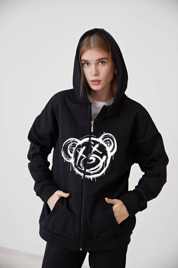 Unisex Black Hoodie Zippered Hooded Jacket Bear Drawing Design Printed Hoodie - 4