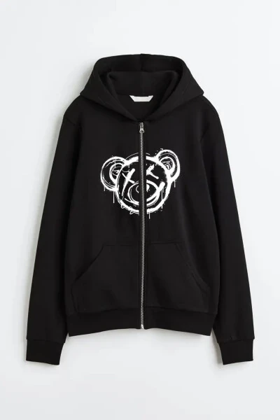 Unisex Black Hoodie Zippered Hooded Jacket Bear Drawing Design Printed Hoodie - 6