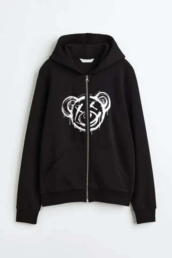 Unisex Black Hoodie Zippered Hooded Jacket Bear Drawing Design Printed Hoodie - 6