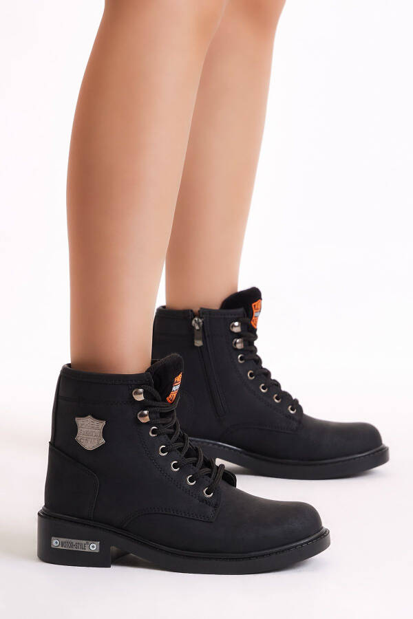 Unisex Black Lace-up and Zipper Boots - 1