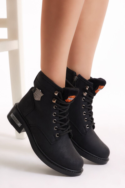 Unisex Black Lace-up and Zipper Boots - 2