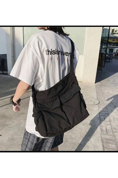 Unisex Black Messenger Bag with Cargo Pocket, Spacious Interior, Street Style - WEYWOT
