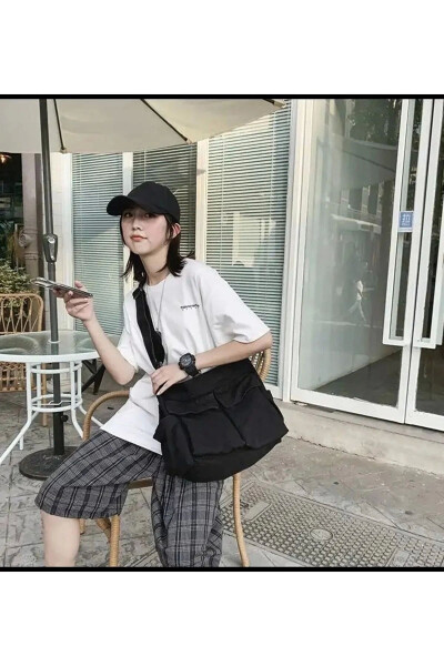 Unisex Black Messenger Bag with Cargo Pocket, Spacious Interior, Street Style - WEYWOT (1)