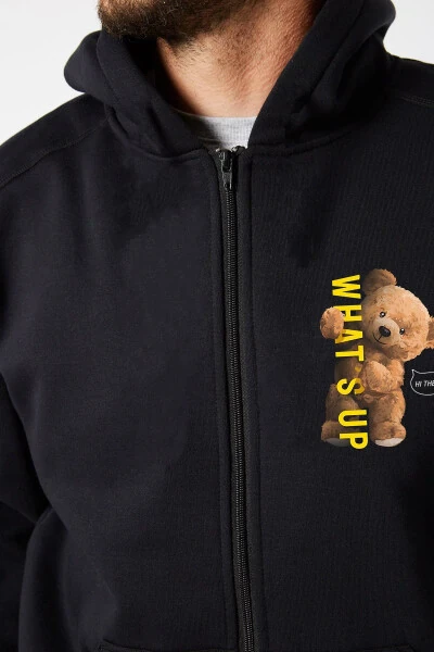 Unisex Black Teddy Bear Printed Hoodie Zippered Hooded Jacket What's Up Design Hoodie - Modazone
