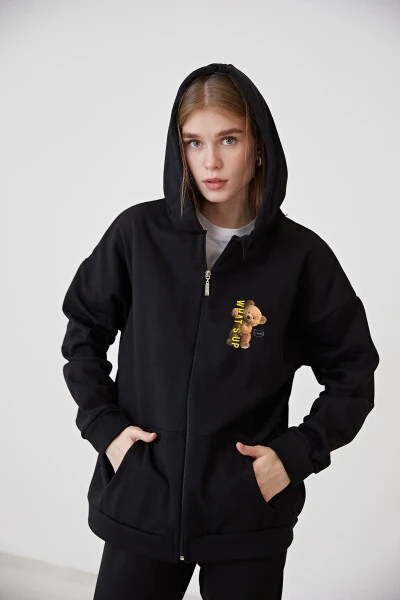 Unisex Black Teddy Bear Printed Hoodie Zippered Hooded Jacket What's Up Design Hoodie - 3