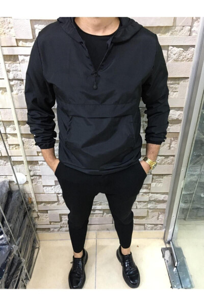 Unisex Black Thin Kangaroo Pocket Raincoat - 3