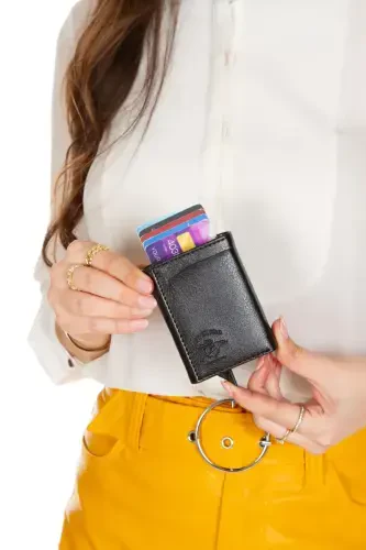 Unisex Black Vegan Leather Sliding Card Wallet, Aluminum Mechanism Automatic Wallet - Dark Black - NEWISH (1)