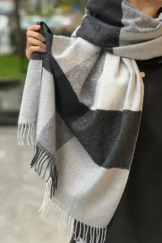 Unisex Black White Plaid Fringed Long Scarf-Plaid White Black - 5