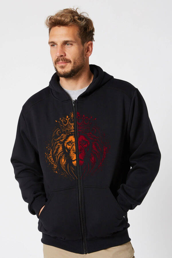 Unisex Black Zipper Hoodie Sweatshirt Jacket Yellow Red Lion Printed Hoodie - 1