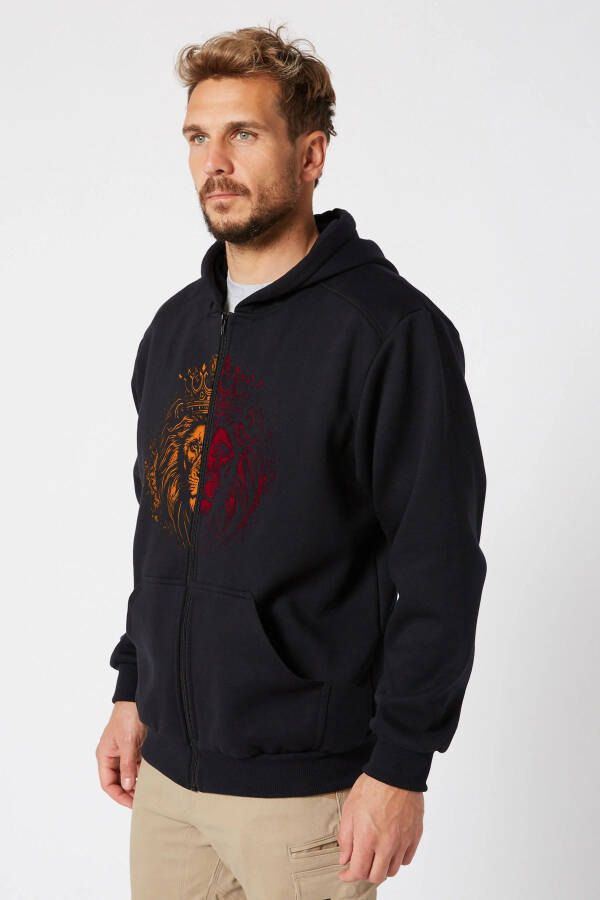 Unisex Black Zipper Hoodie Sweatshirt Jacket Yellow Red Lion Printed Hoodie - 2