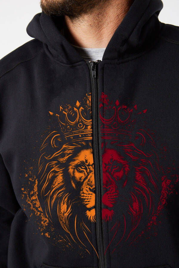 Unisex Black Zipper Hoodie Sweatshirt Jacket Yellow Red Lion Printed Hoodie - 3