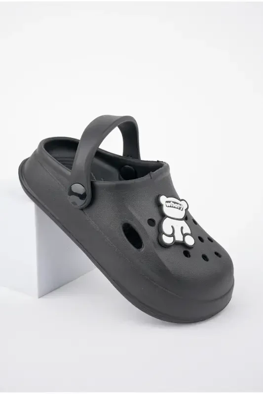 Unisex bolalar tasviri tushirilgan stikerli sandal-tapochka-QORA - SLIPCAT