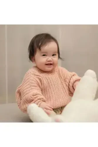 Unisex Bolalar Velosiped Yoqali Katta O'lchamli Triko Jumper 6 Oy-5 Yosh-Pudra - 3