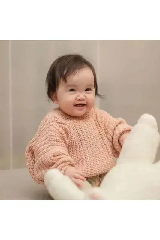 Unisex Bolalar Velosiped Yoqali Katta O'lchamli Triko Jumper 6 Oy-5 Yosh-Pudra - 3