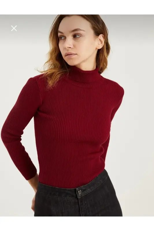Unisex Bordo Pamuklu Kumaş Balıkçı Yaka Şardonlu Slimfit Boğazlı Kazak - BORDO - 1